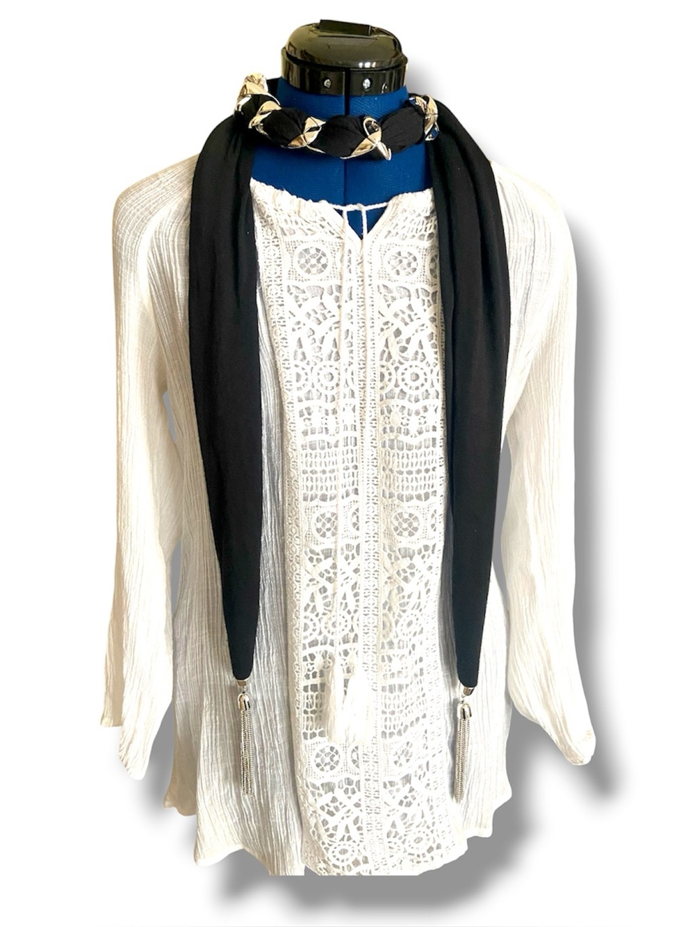Long, skinny black soft  scarf with silver tone accents and tassels 74” length
